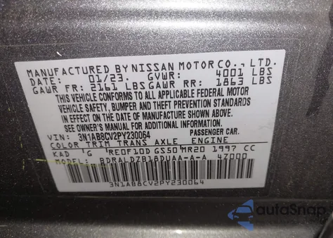 2023 Nissan Sentra Sv Xtronic Cvt z USA, uszkodzony, nr VIN 3N1AB8CV2PY230064